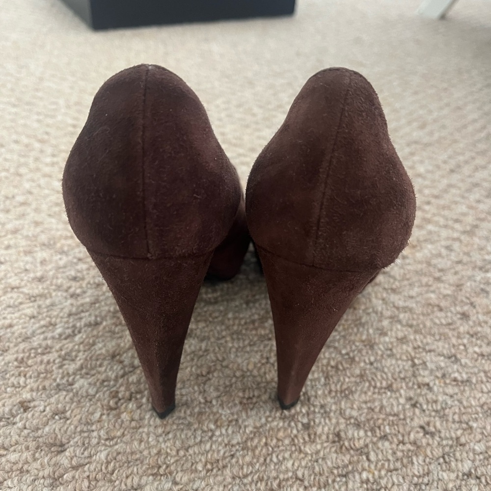 PRADA Suede Peep-Toe Petal Pumps - Picture 9 of 12